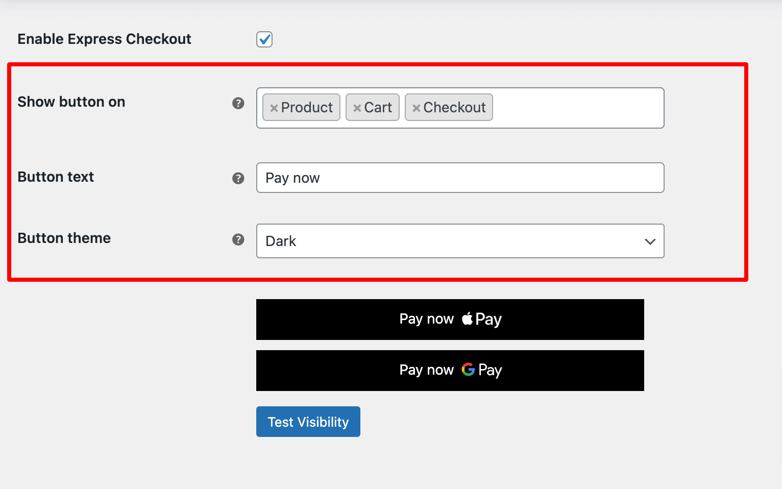 enable express checkout buttons and texts