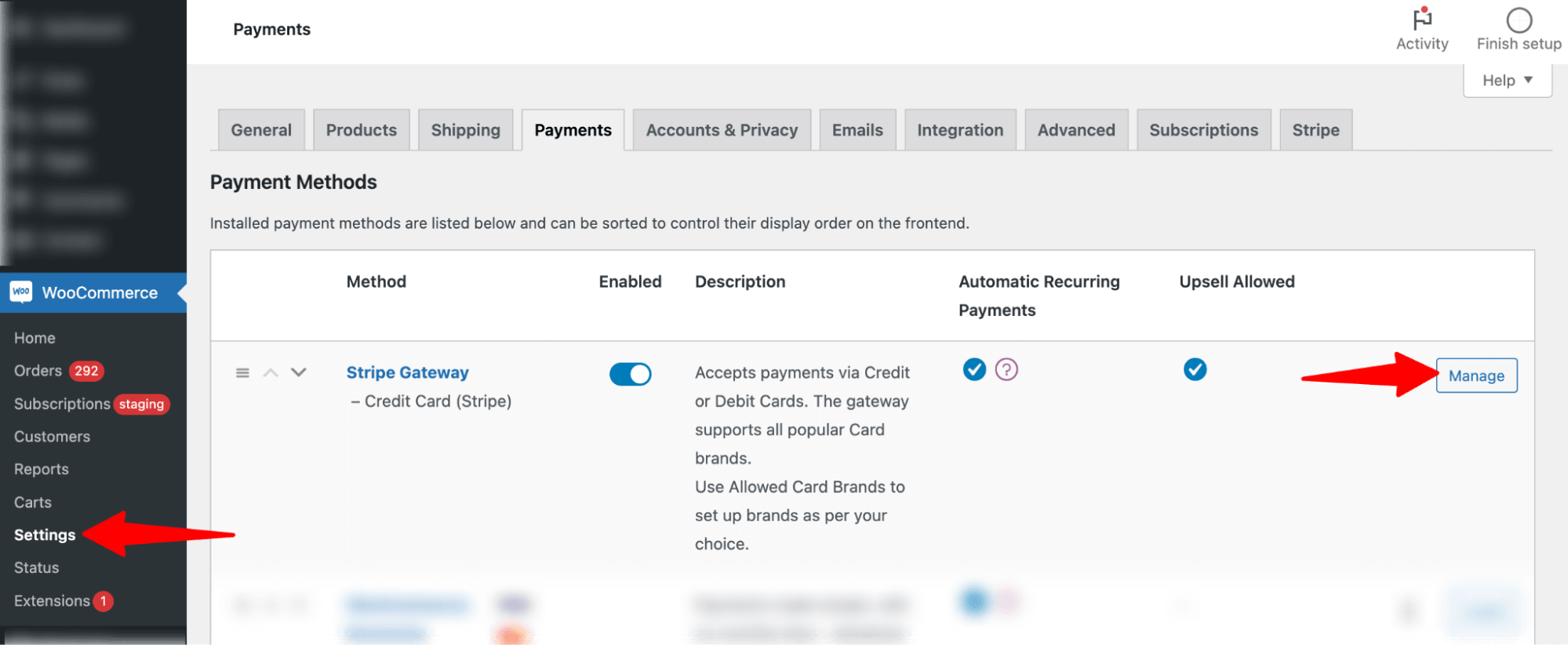 hit manage for stripe gateway