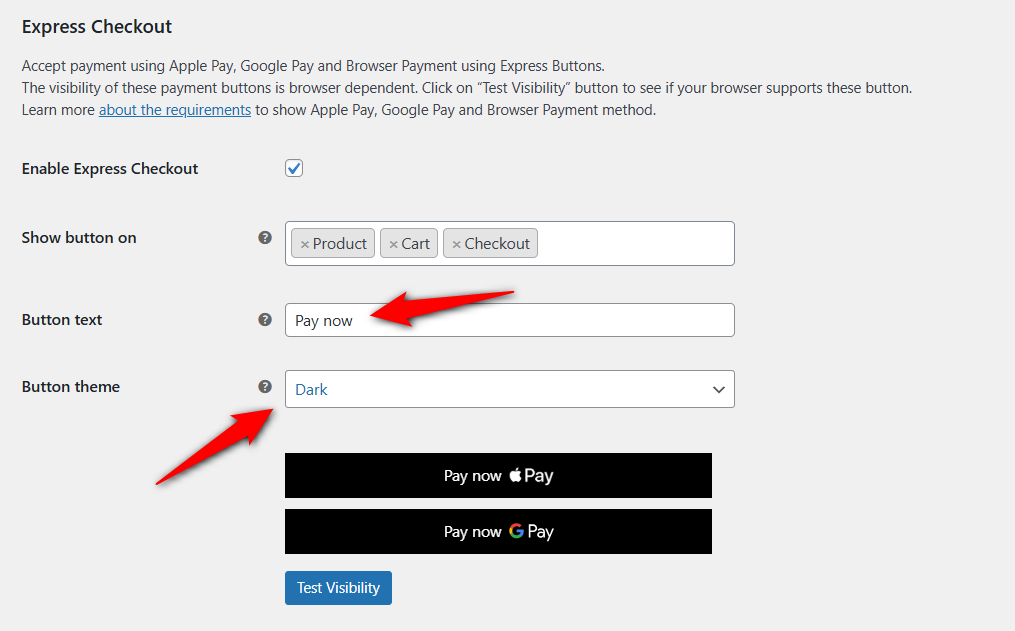 Configure express checkout option - show button on, button text and button theme