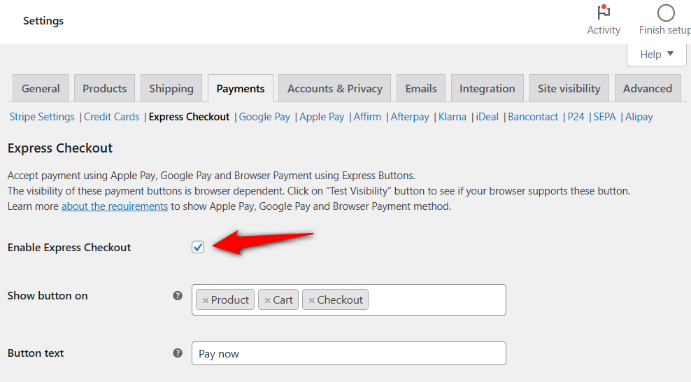 Enable express checkout under woocommerce payment settings