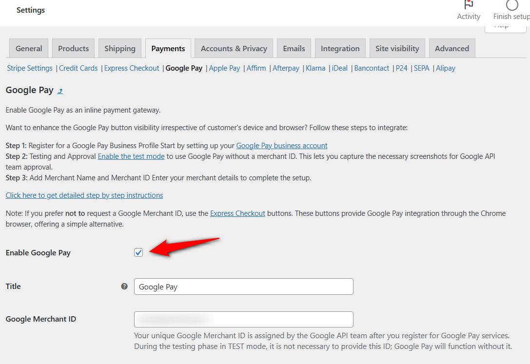 enable inline google pay payment method