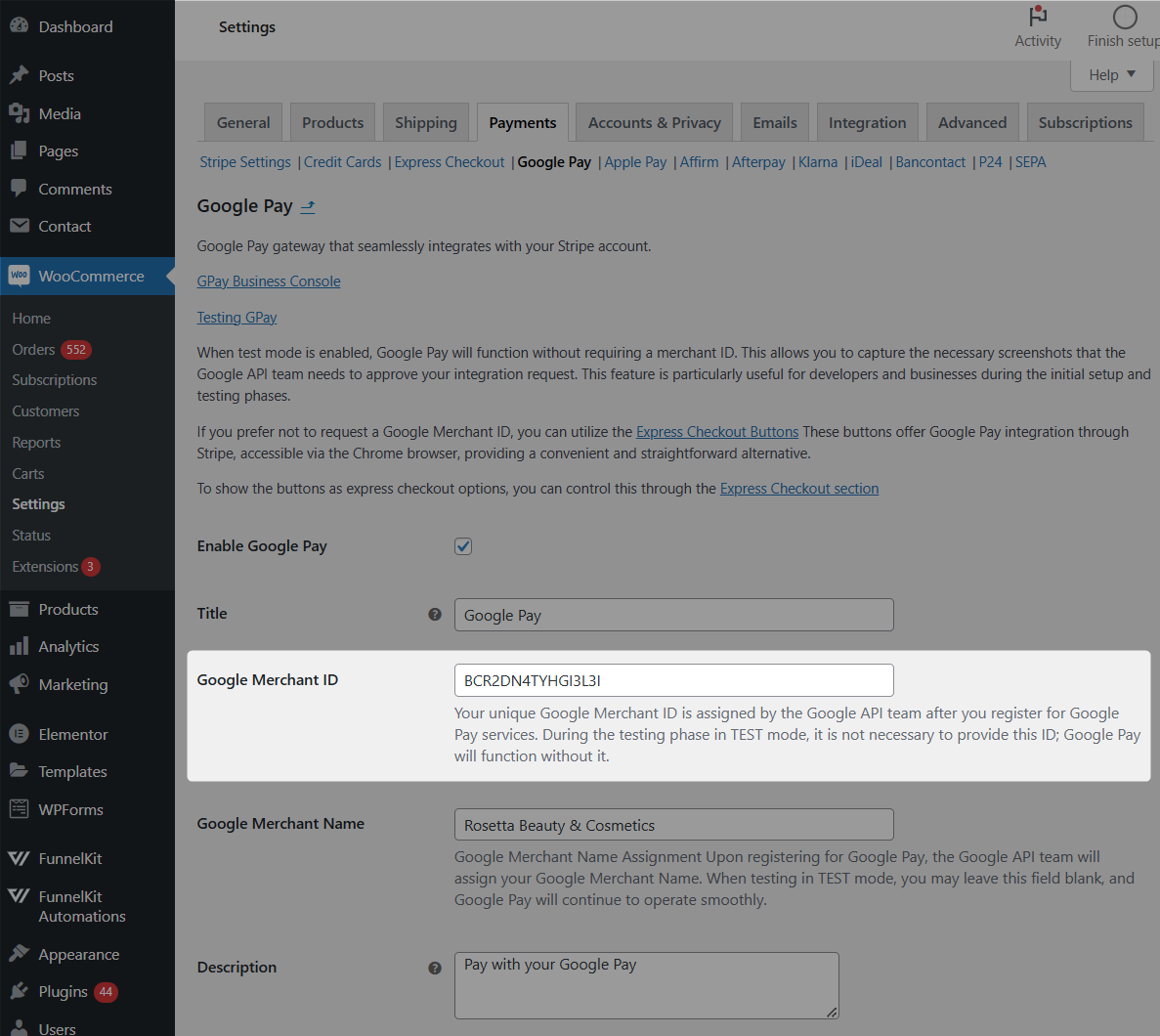enter google merchant ID and name