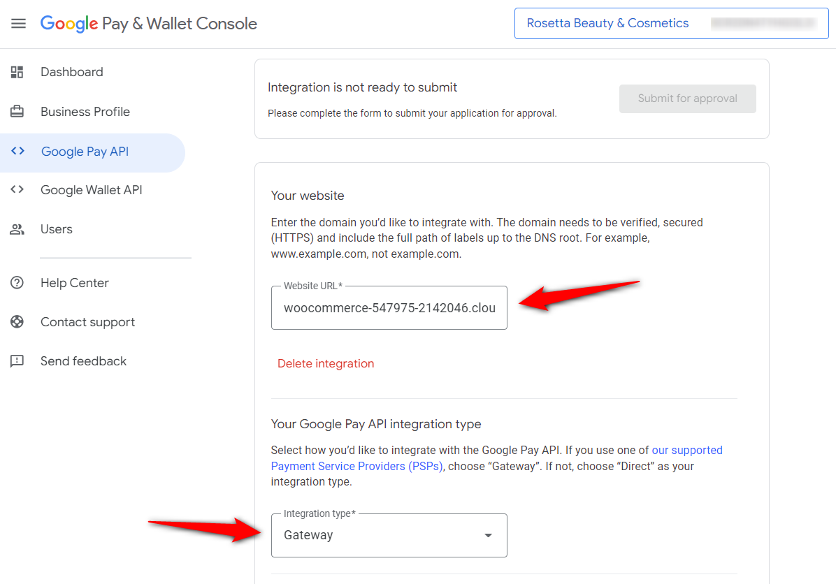 enter website url and select gateway as the integration type