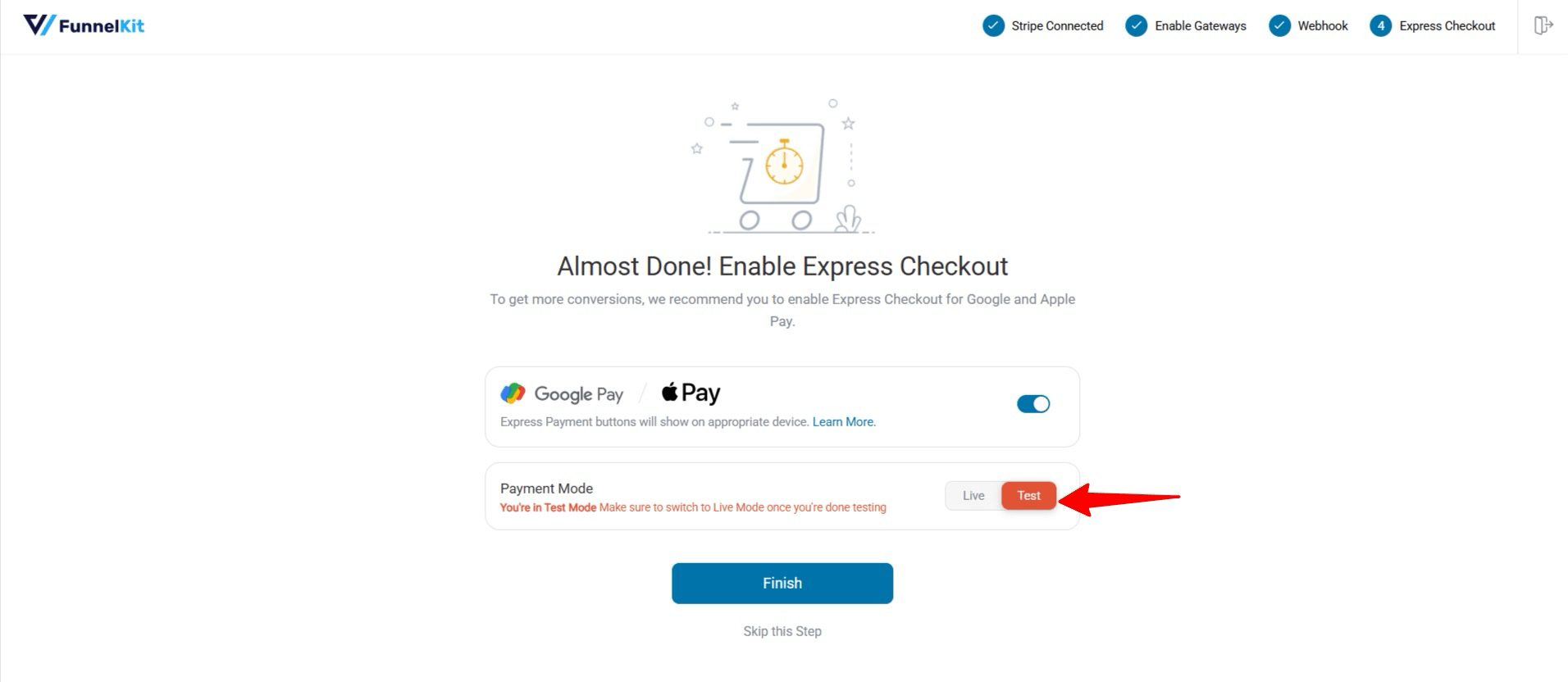 Choose test mode for Stripe