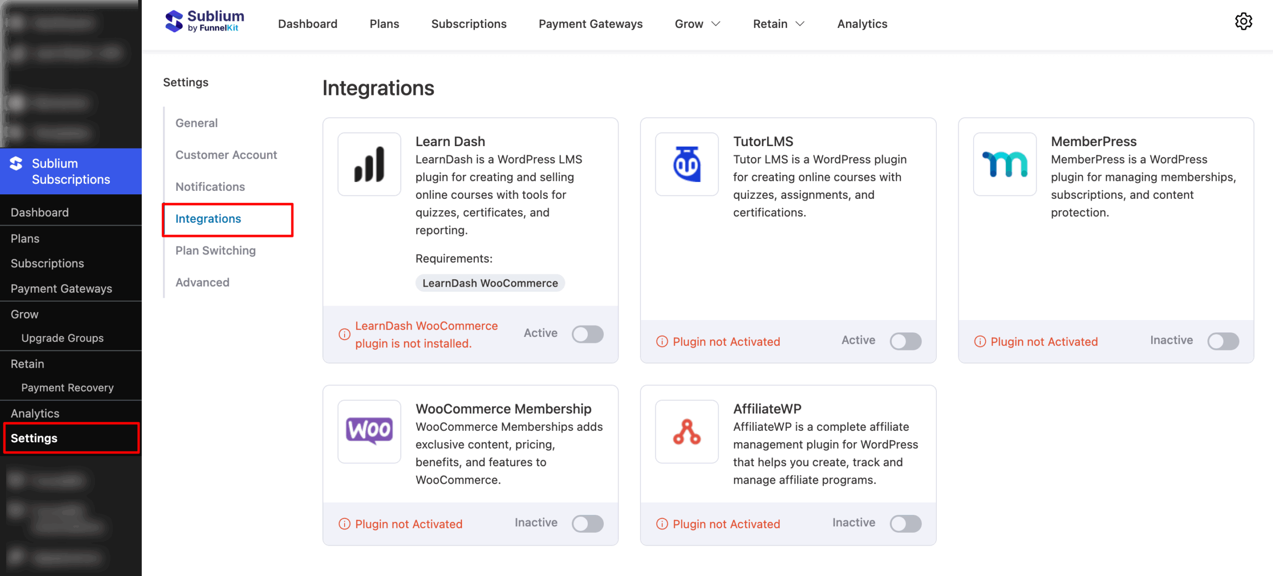 Integrations of Sublium Subscriptions