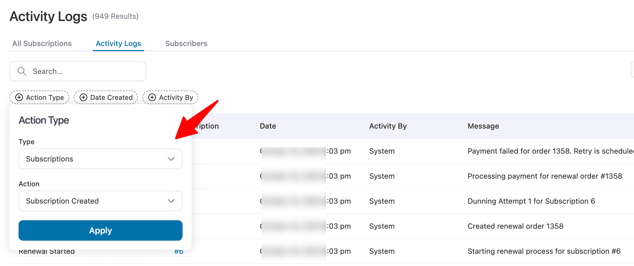 steps to apply filters on activity logs
