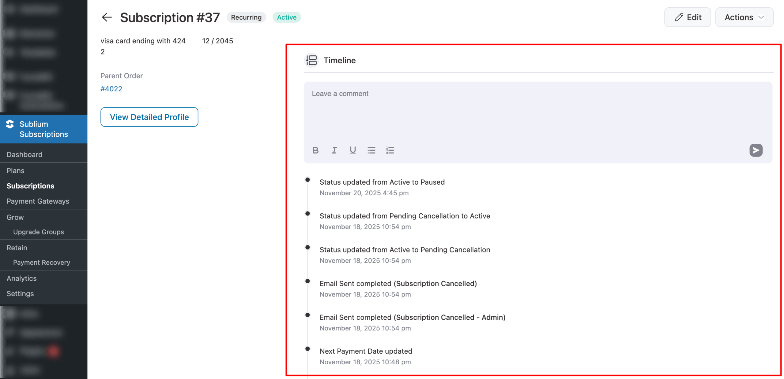 Subscription timeline activity