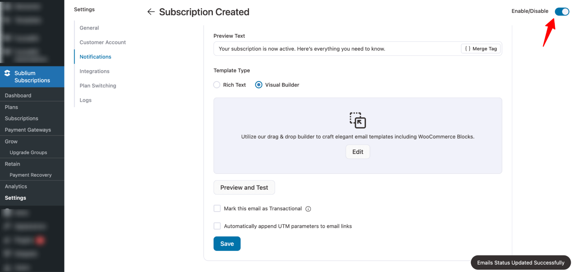activate email notification