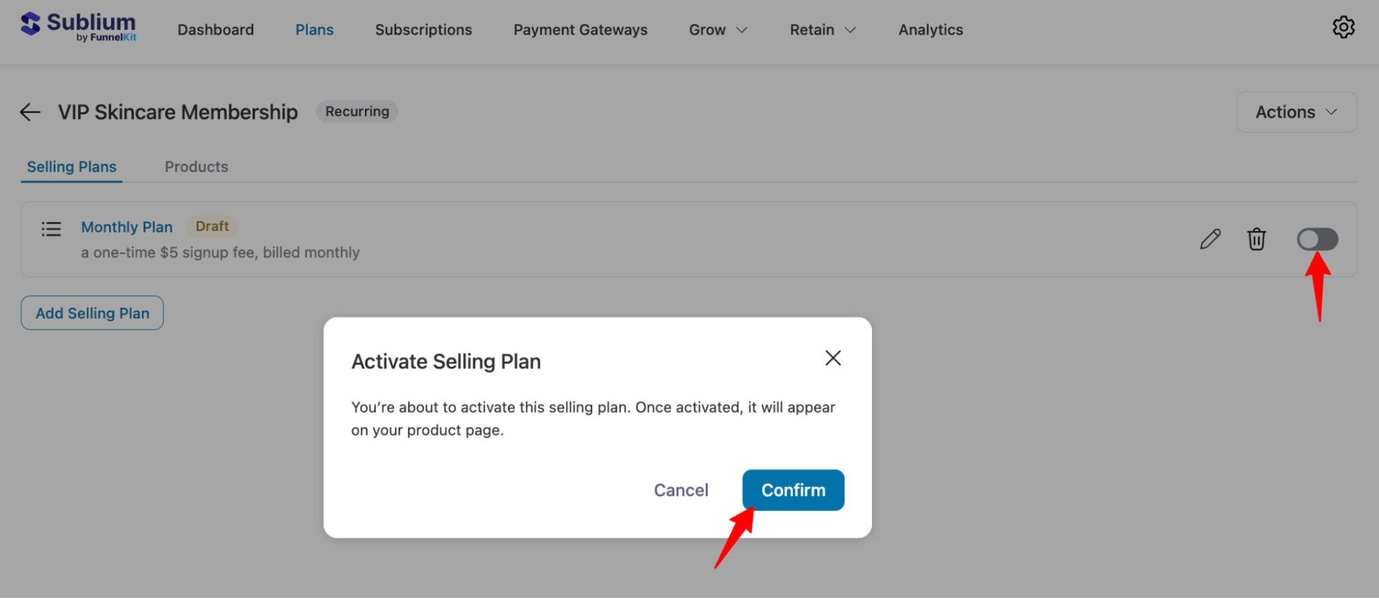 activate monthly recurring selling plans
