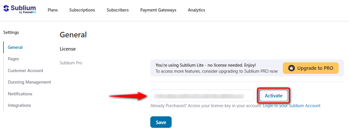 Paste the sublium license key and activate the pro version