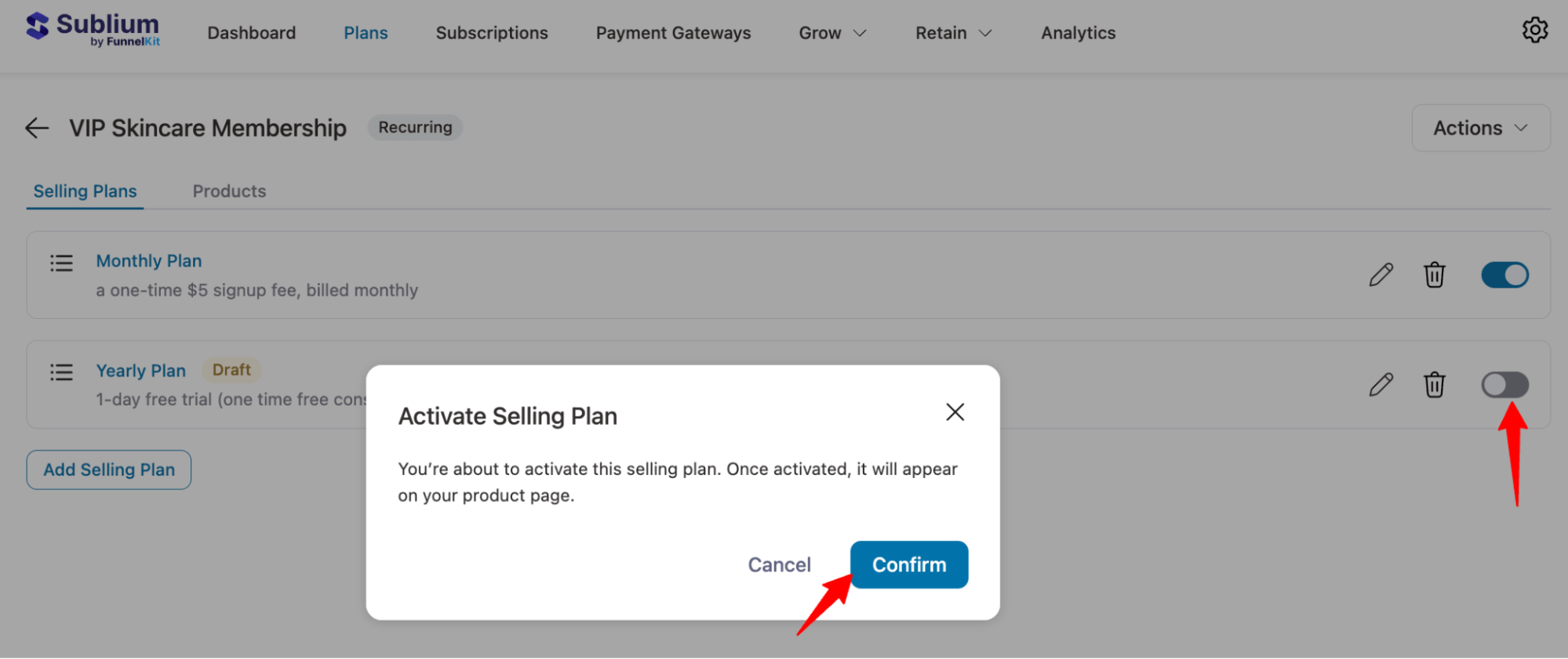 activate yearly recurring selling plans