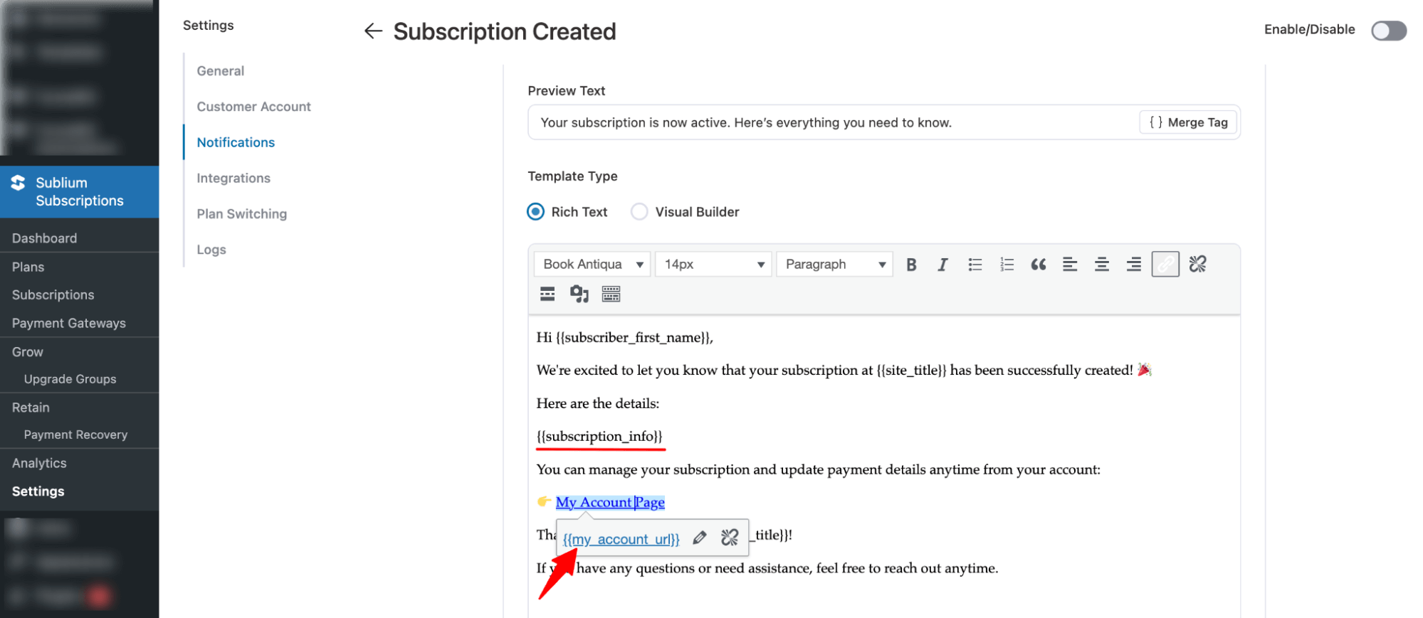 add merge tag in email body and link in rich text