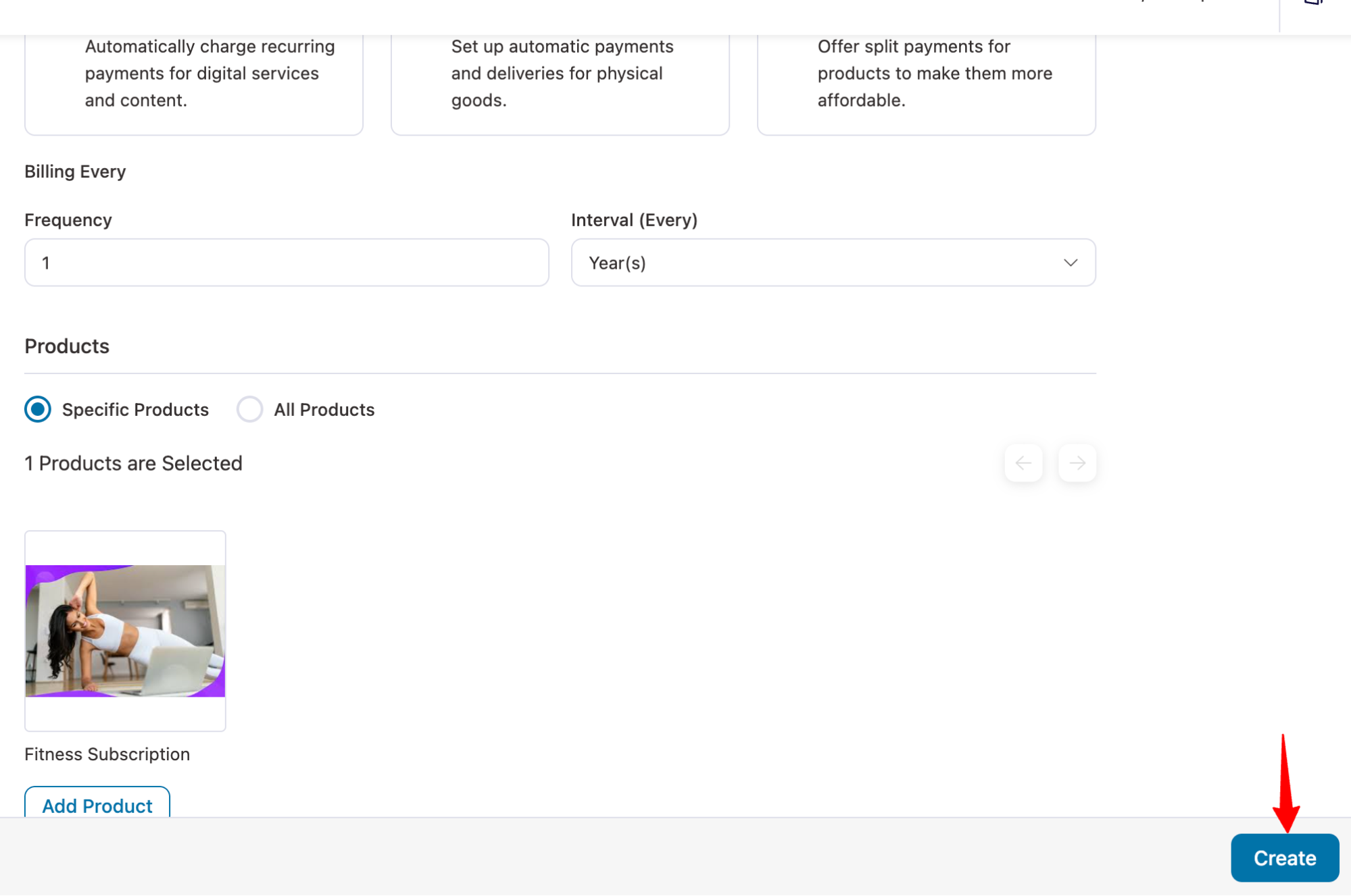 choose specific product and hit create
