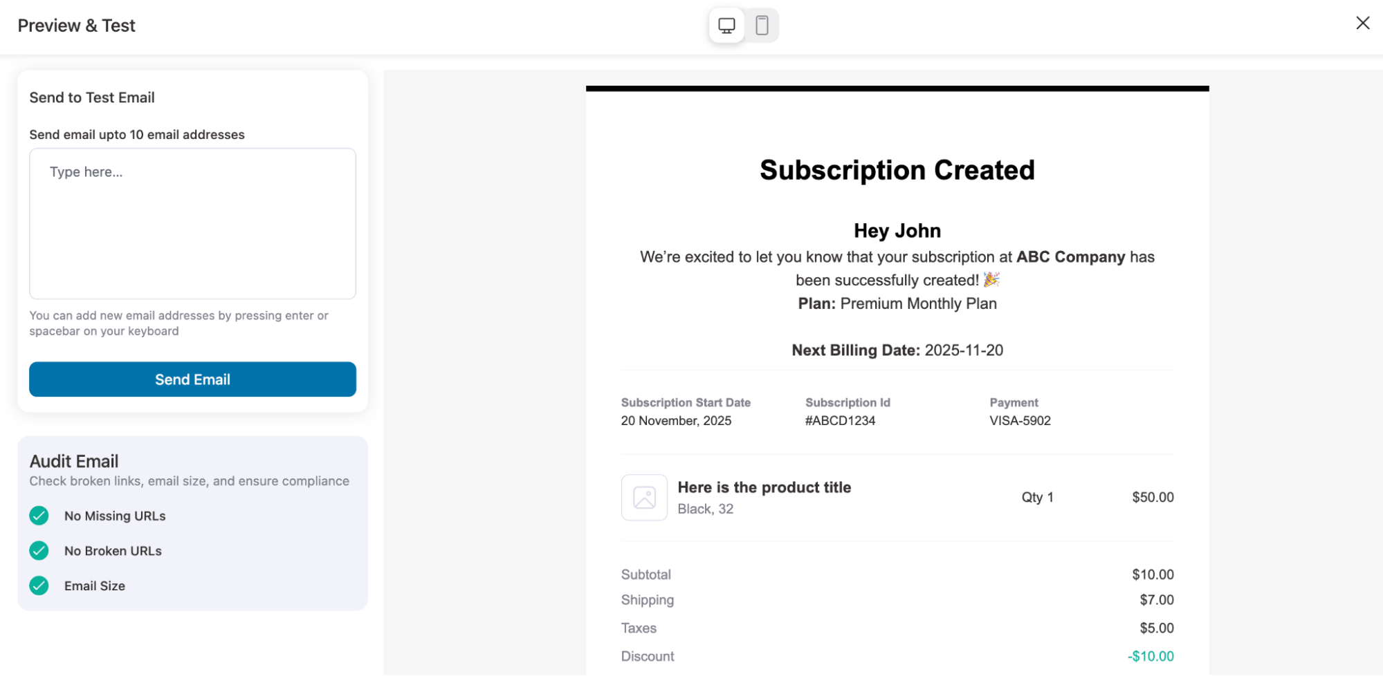 desktop preview of email notification