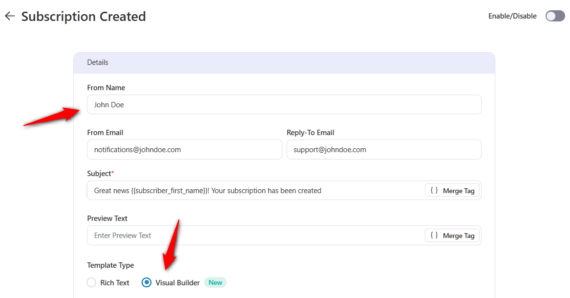 Customize the from name, email, reply-to-email, subject line, preview text for your woocommerce subscription emails