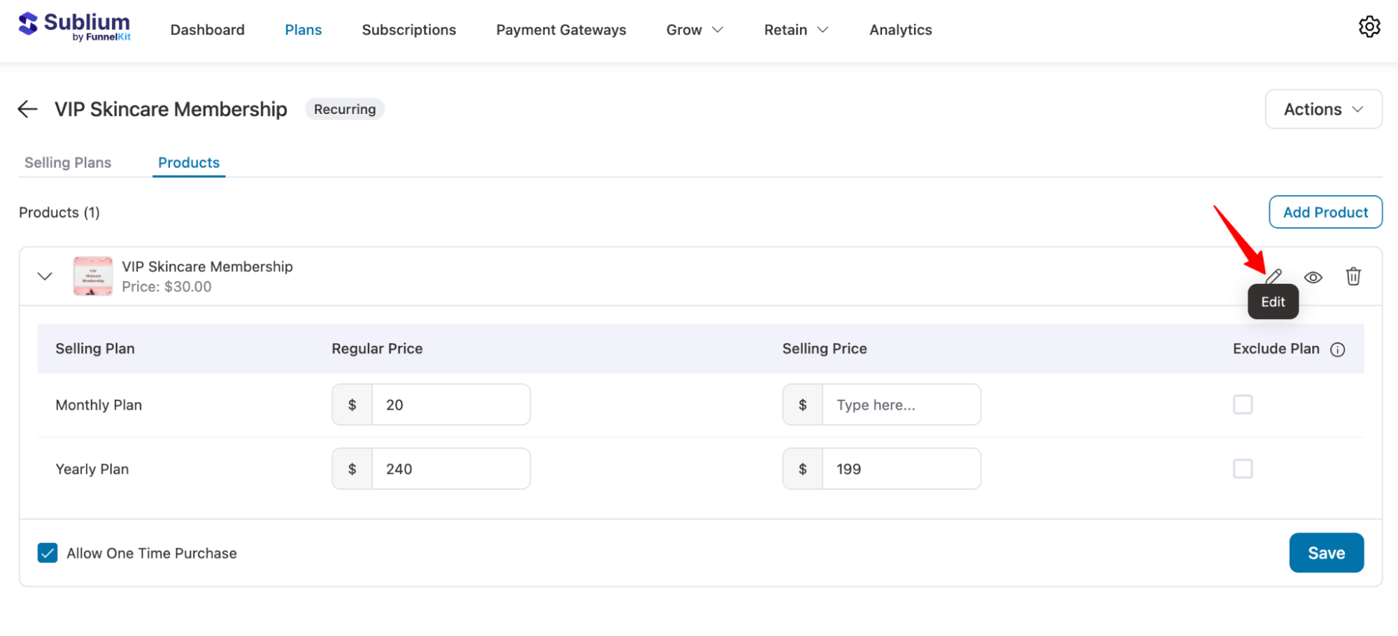 edit product to add one time purchase value