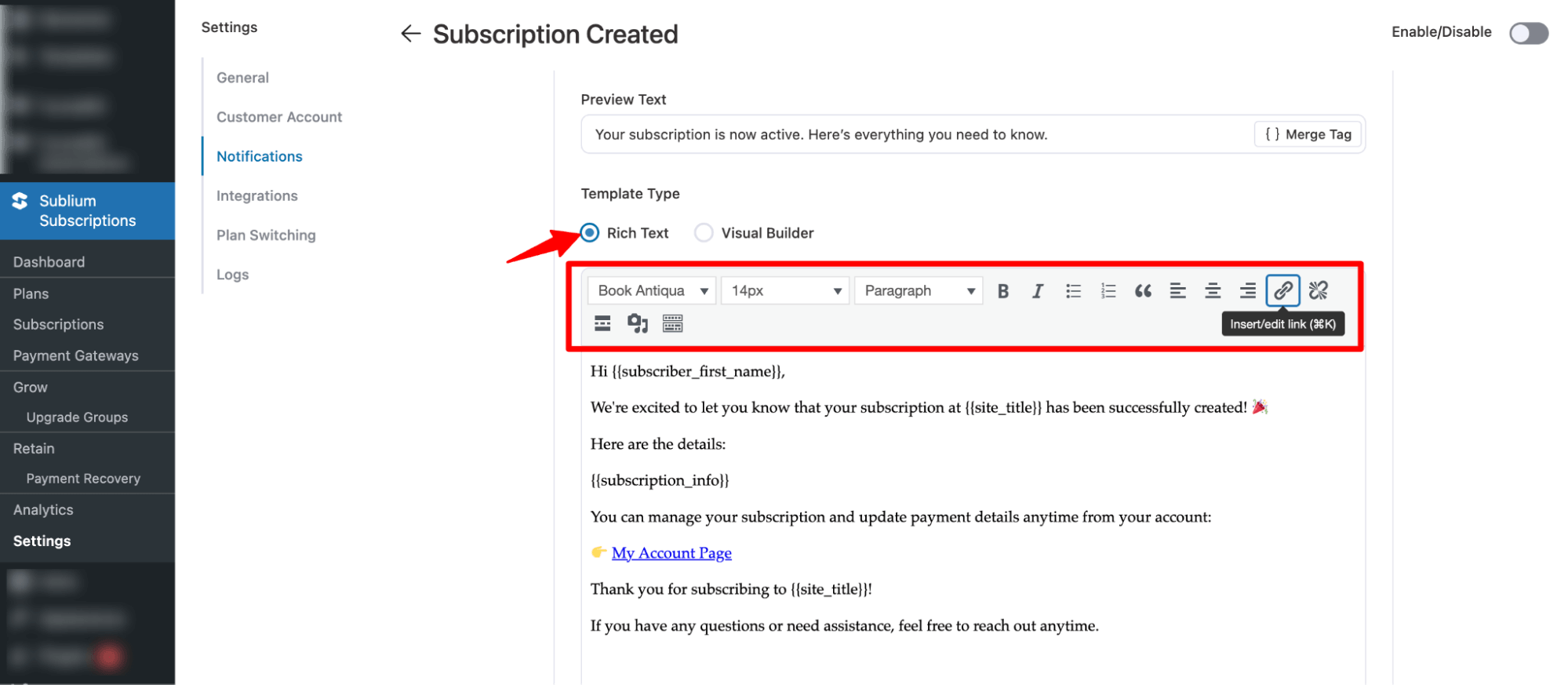 editing options for rich text editor