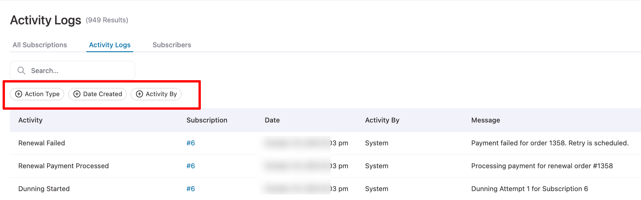 filter activity logs Sublium