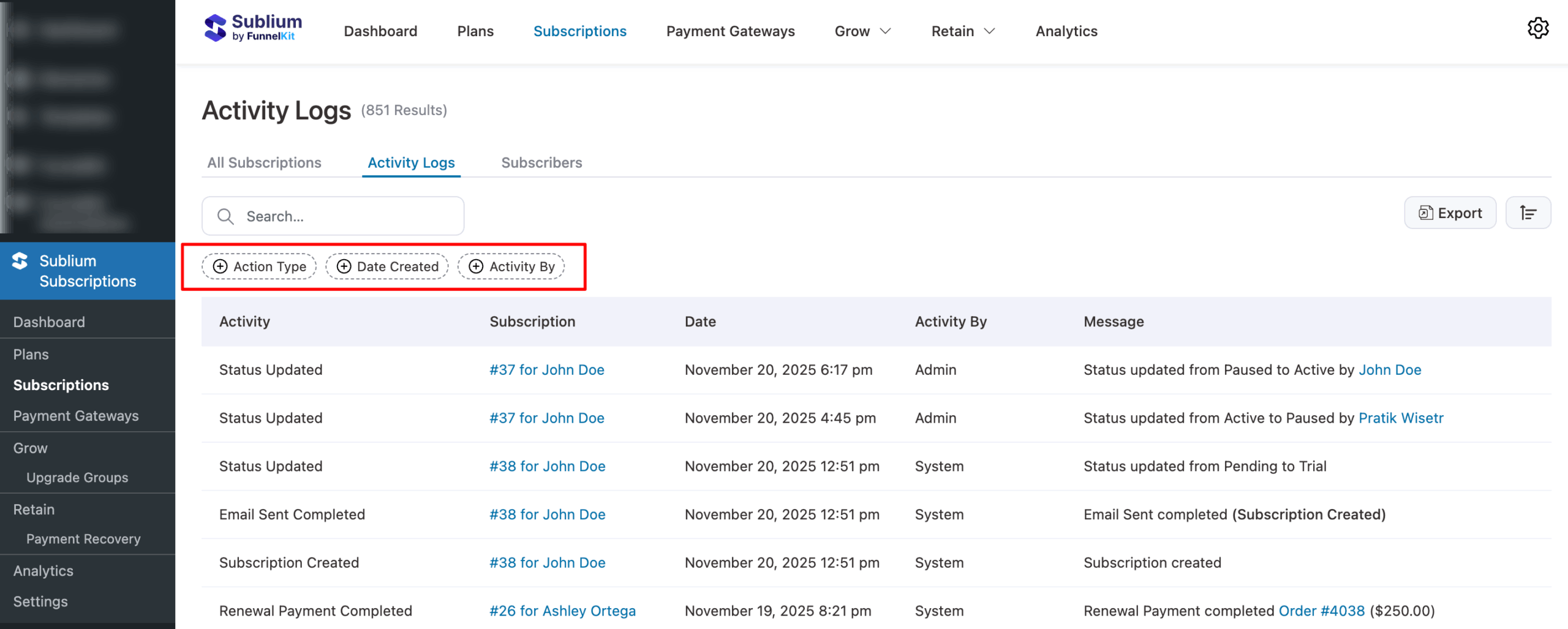 filter options for activity log