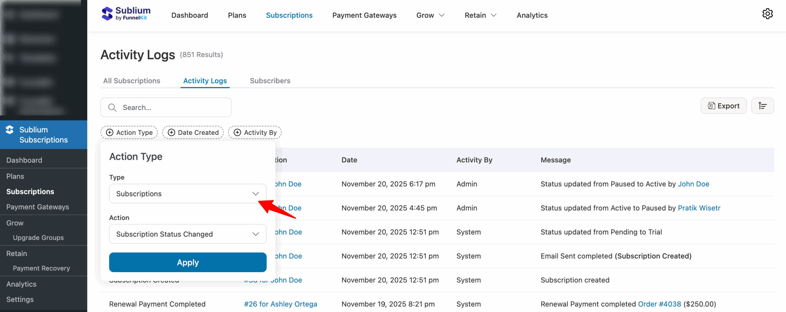 filter subscription data