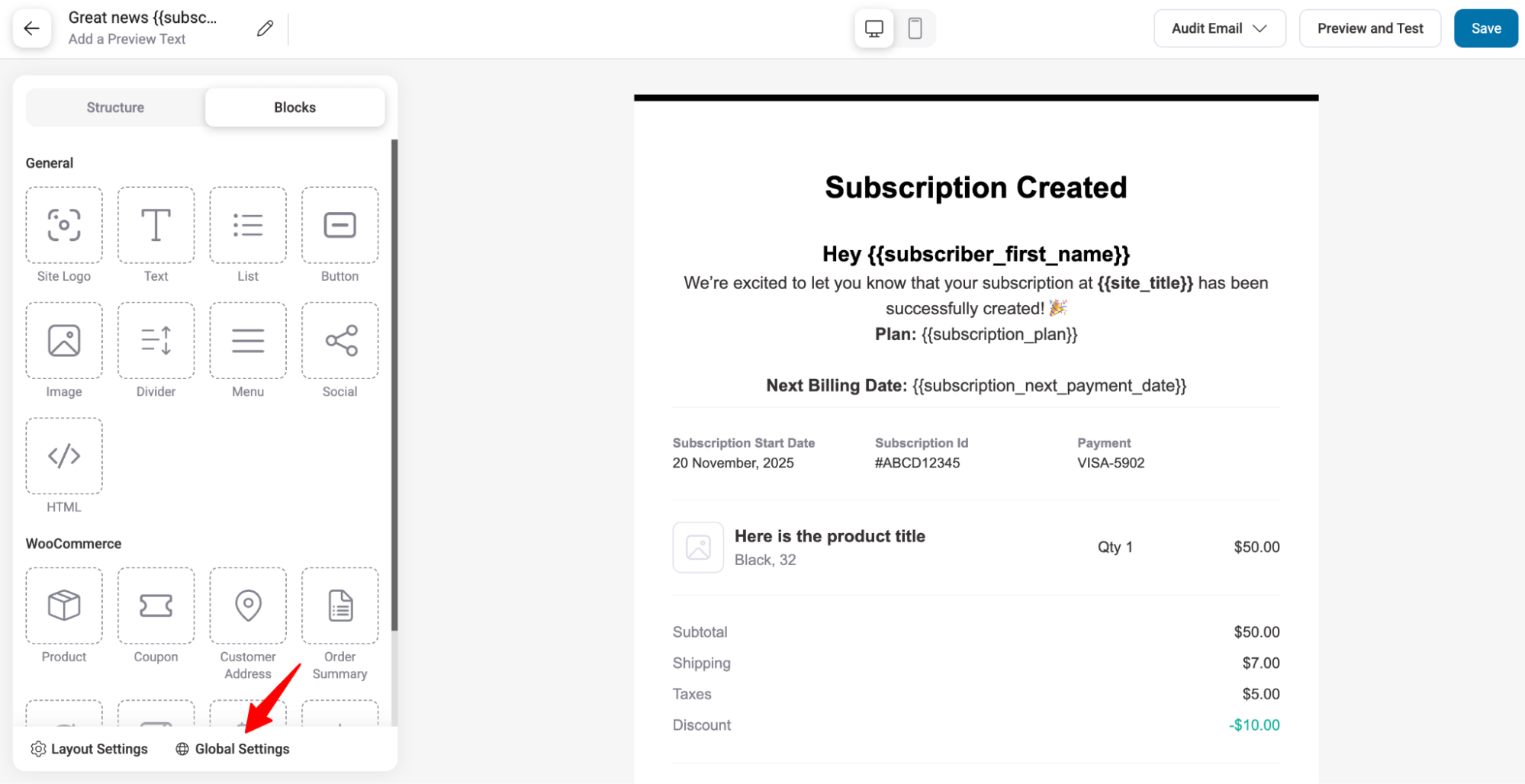 hit global settings and layout settings