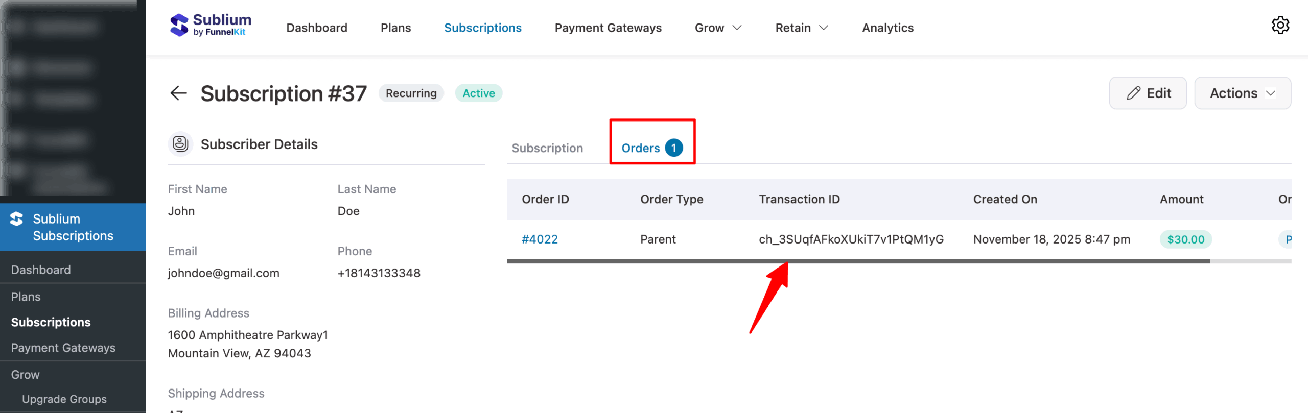 orders subscription profile