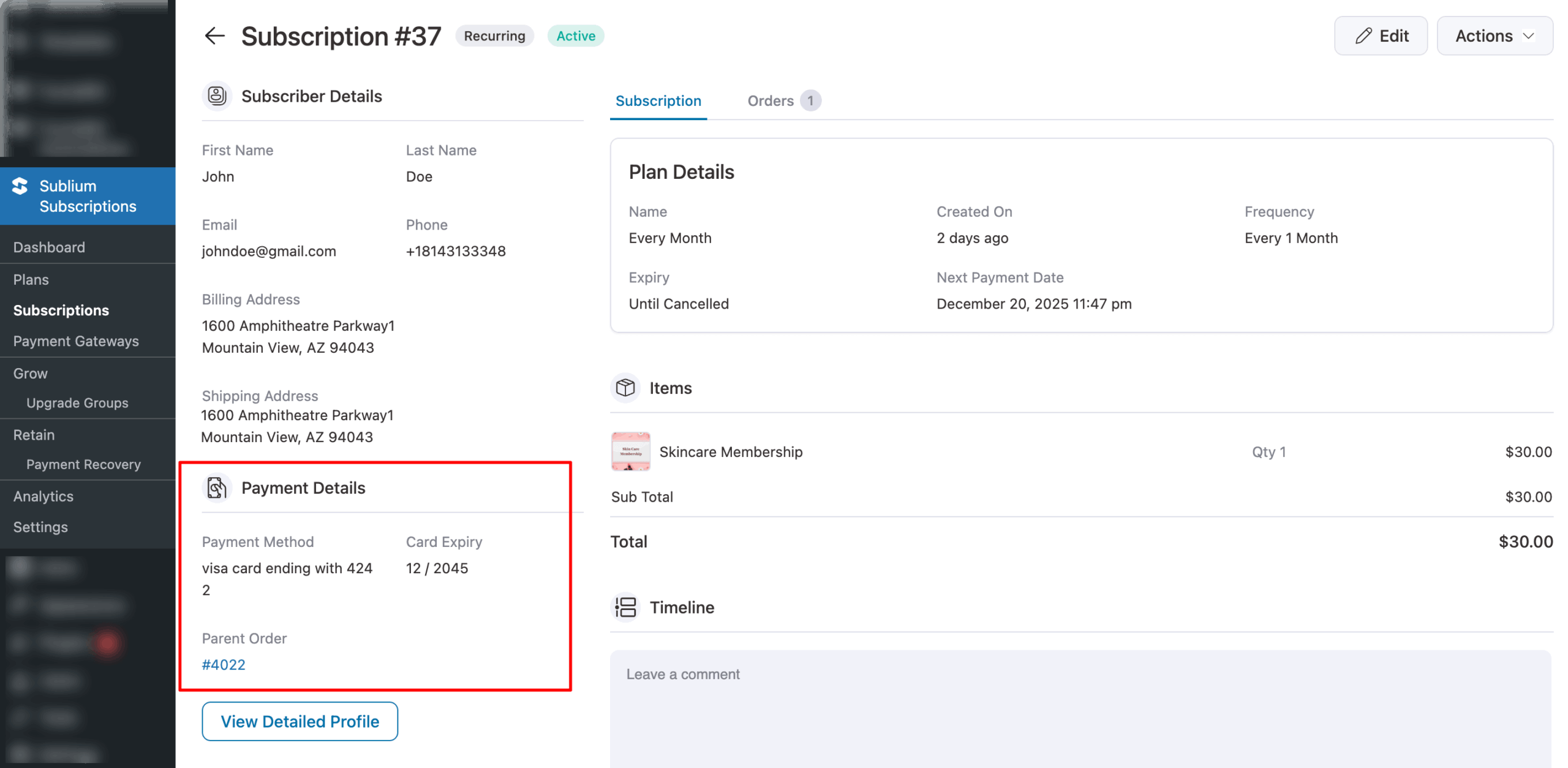 payment details of subscription profile