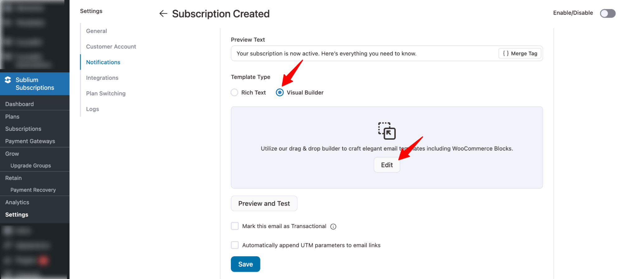 pick visual builder and edit
