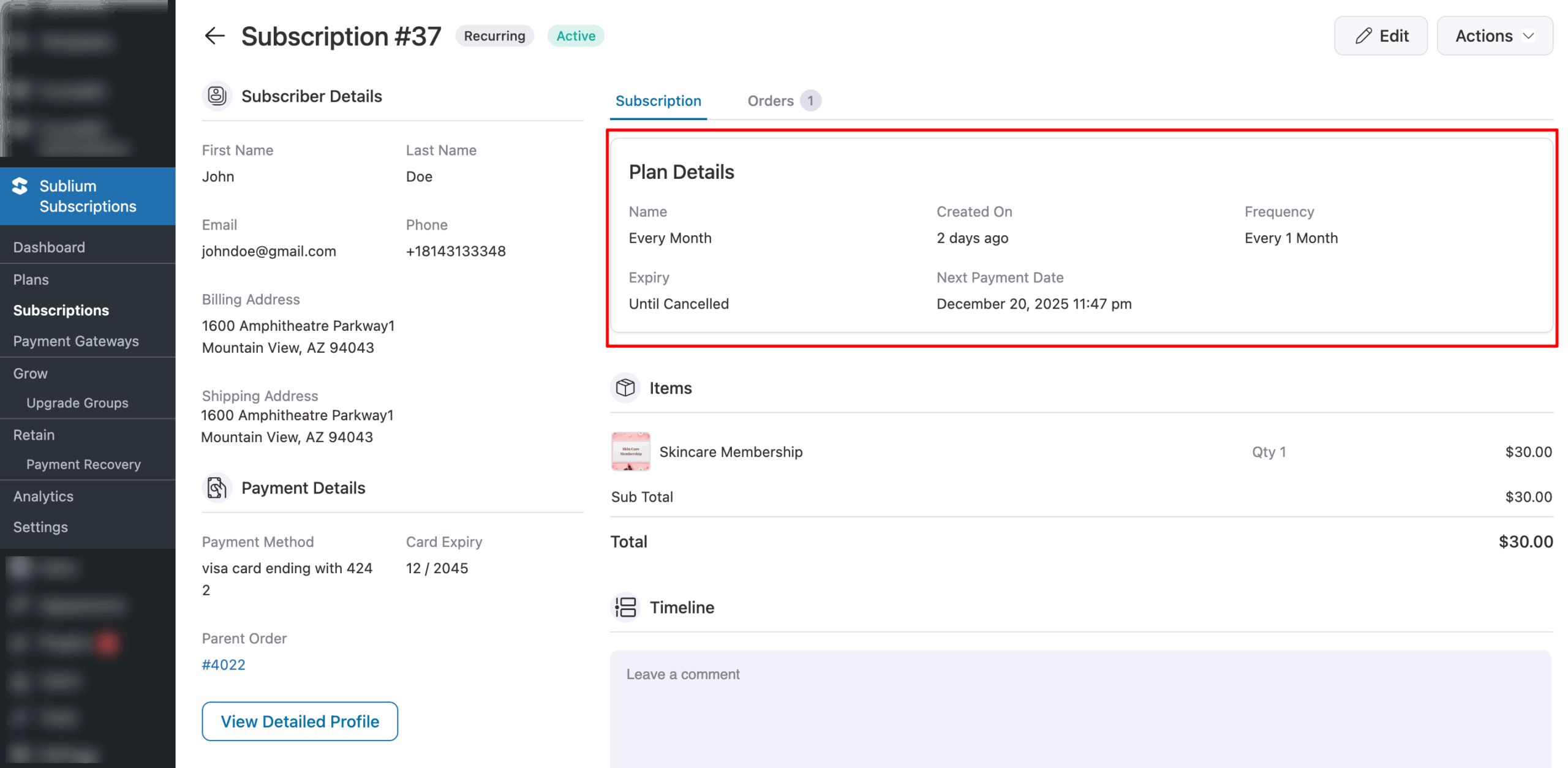 plan details of the subscription