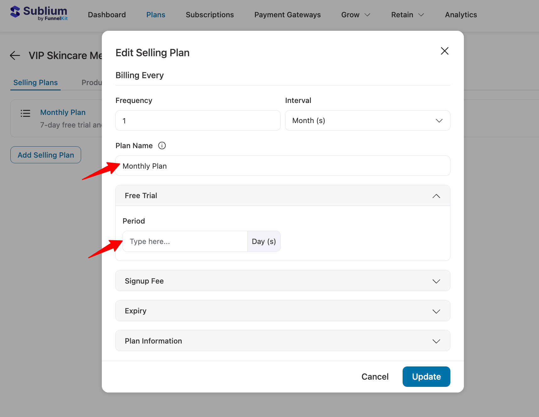 plan name and set free trial for recurring selling plans
