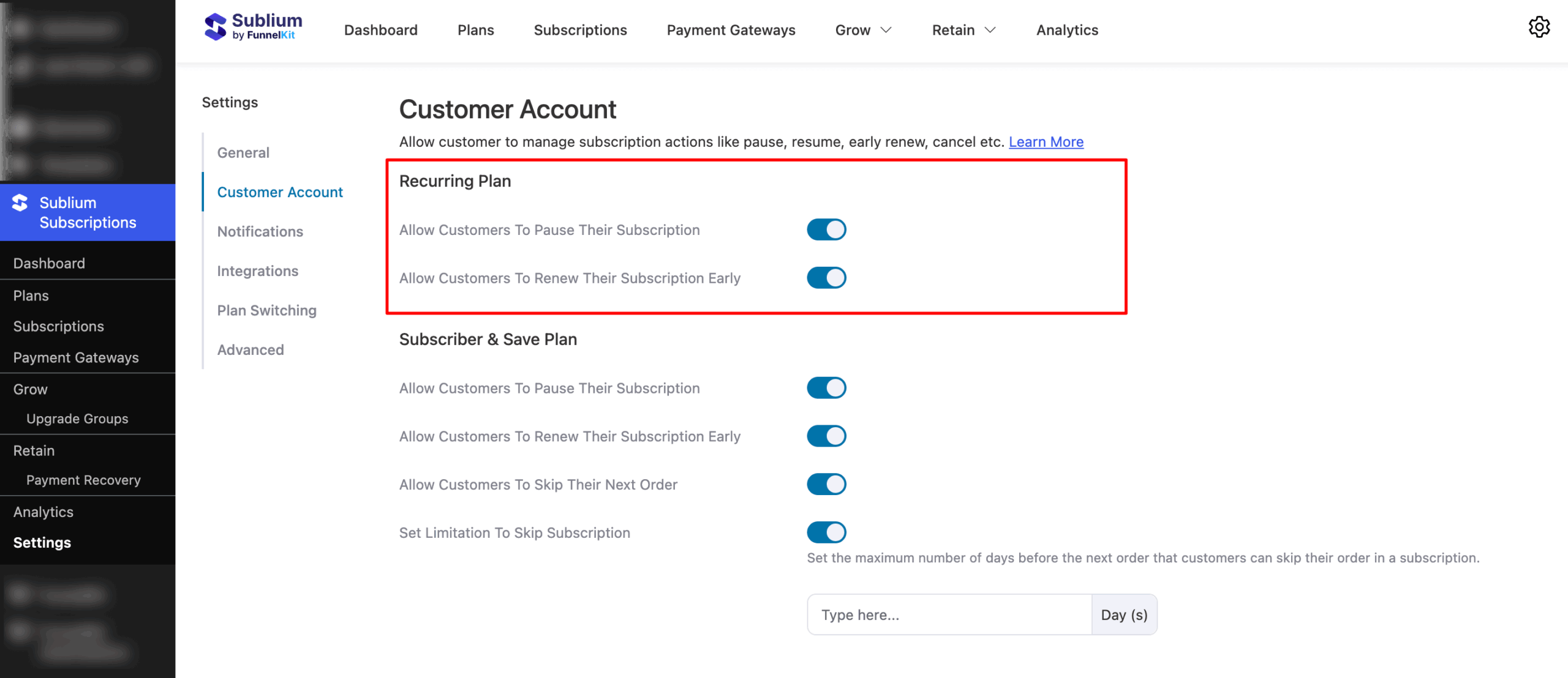 recurring plan of Customer Account