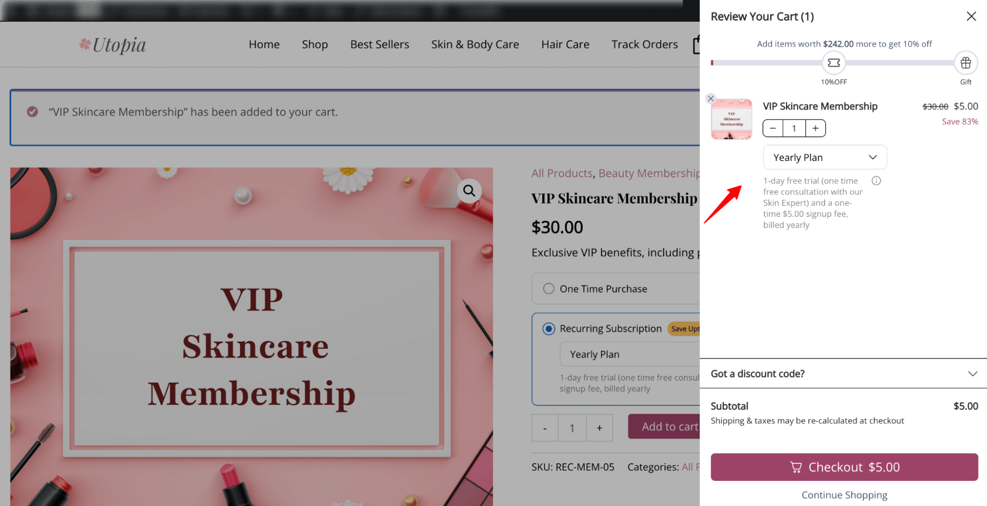 recurring selling plan on side cart