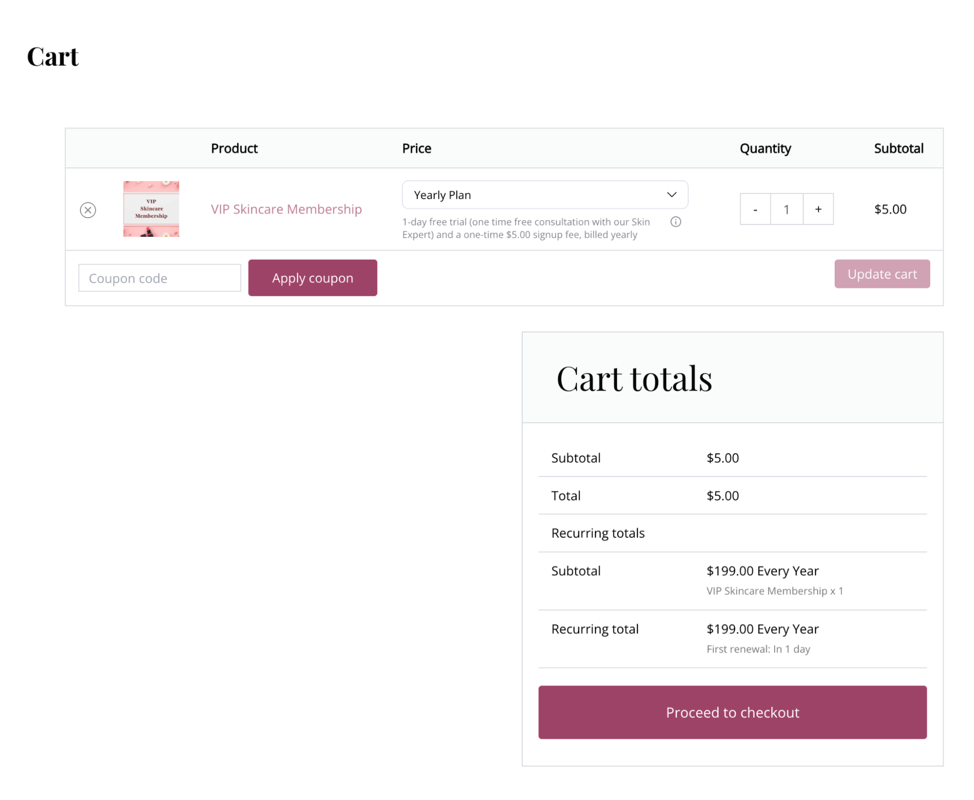recurring selling plans on cart page