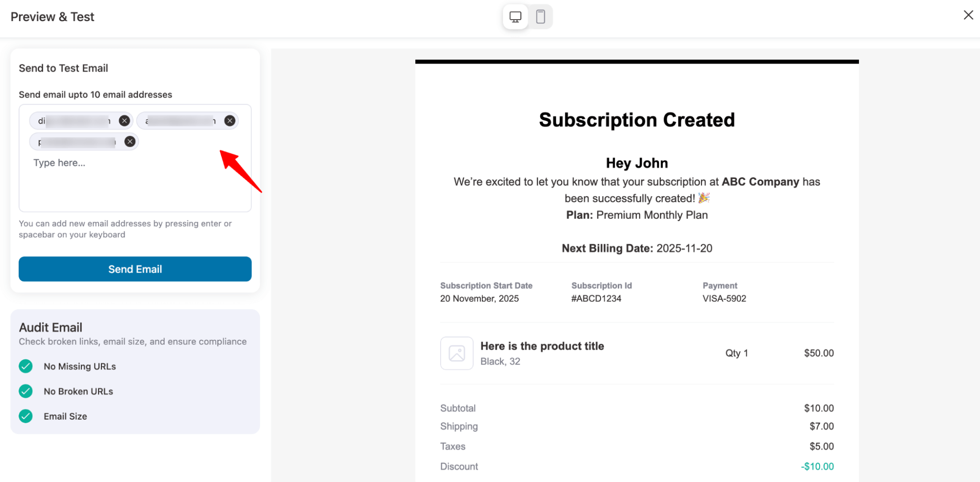 send test email to multiple users