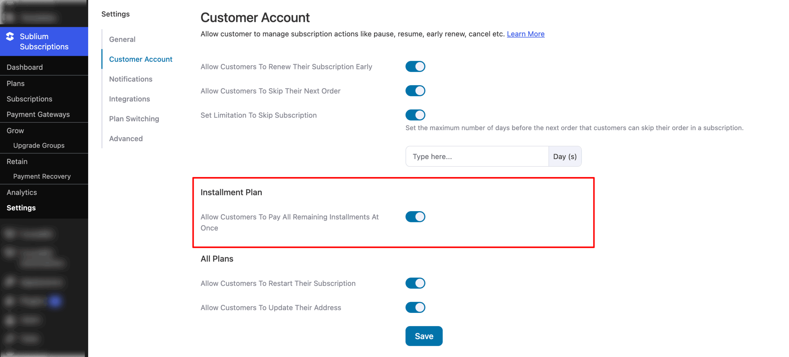 set installment plan of Customer Account
