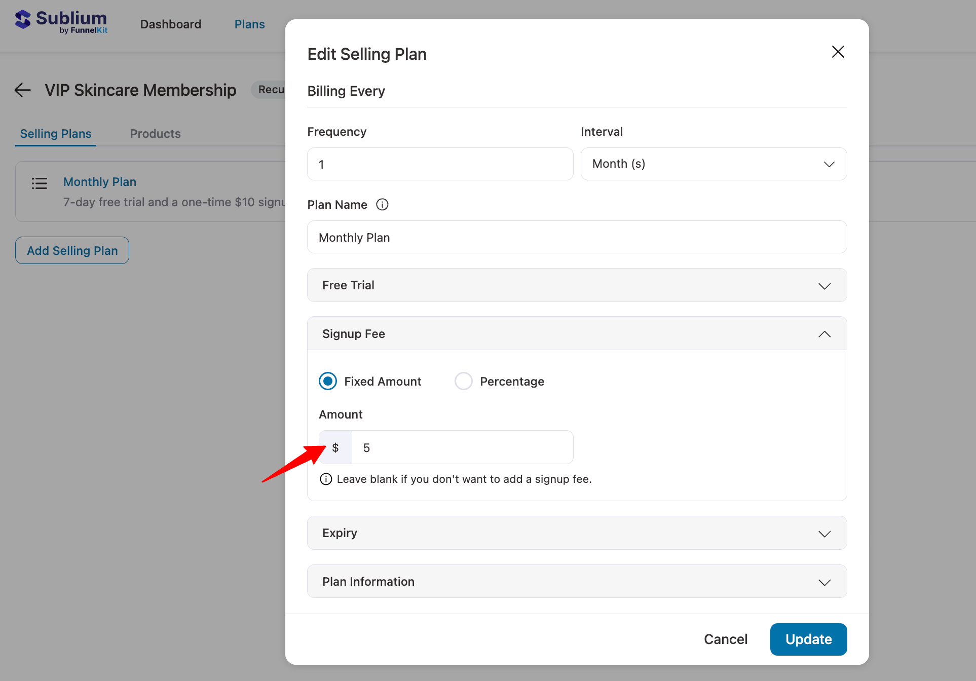 set sign up feee for recurring selling plans