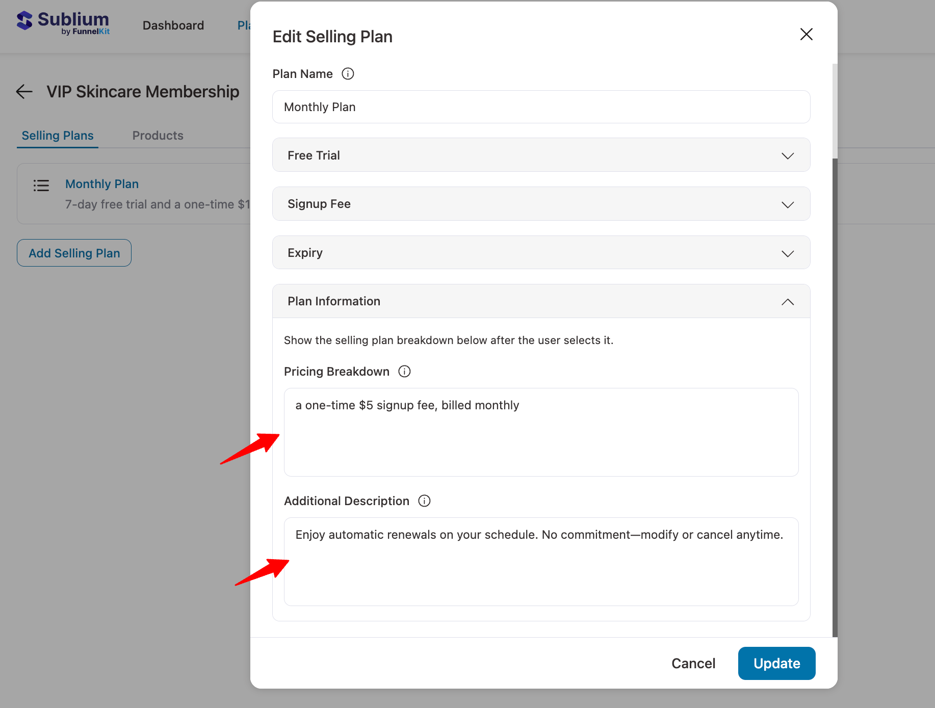 set up pricing breakdown and additional description