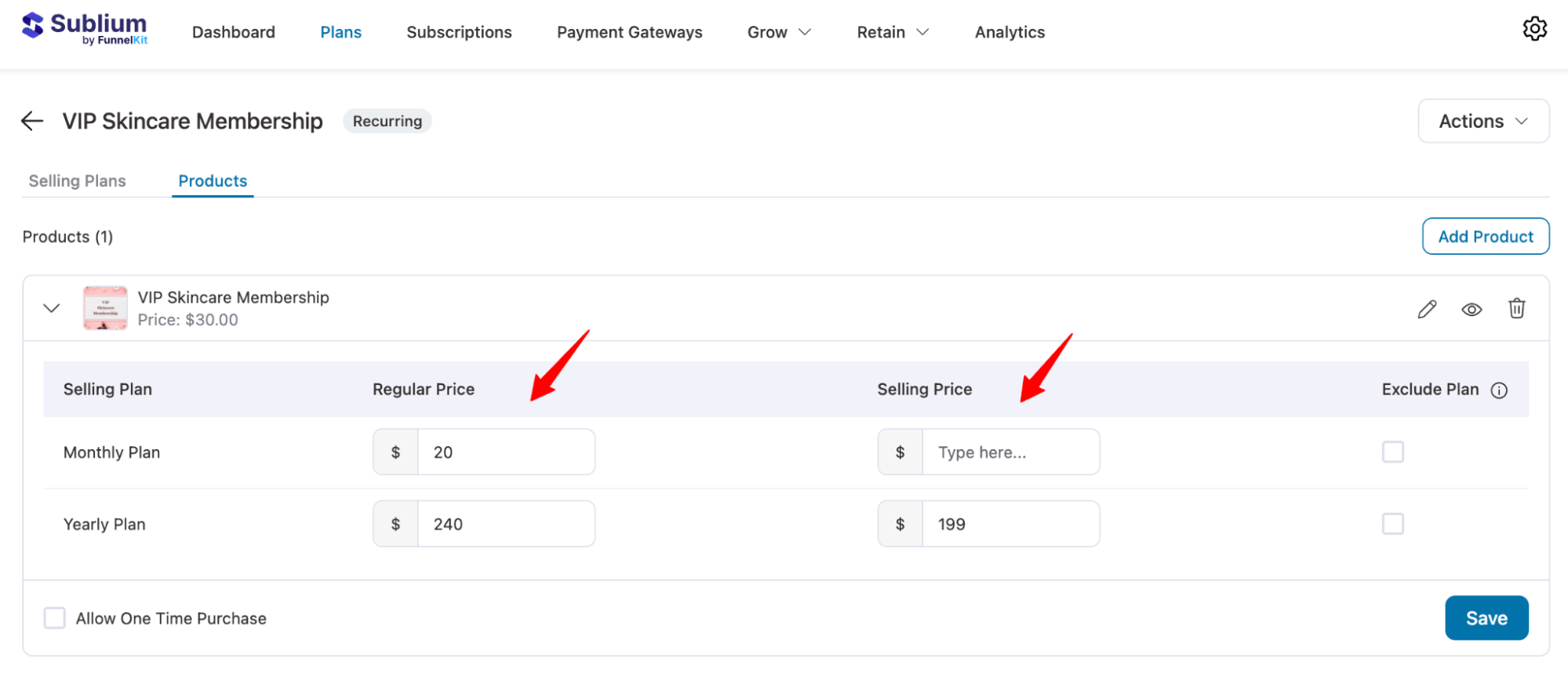 set up product price and sale price for recurring selling plans