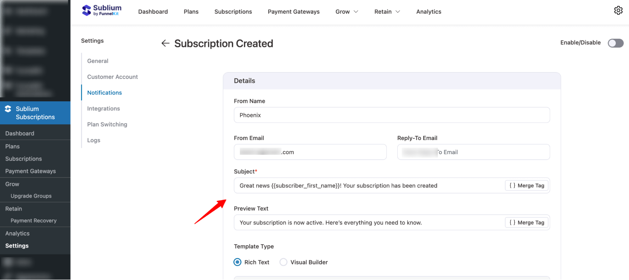 set up subject and preview text