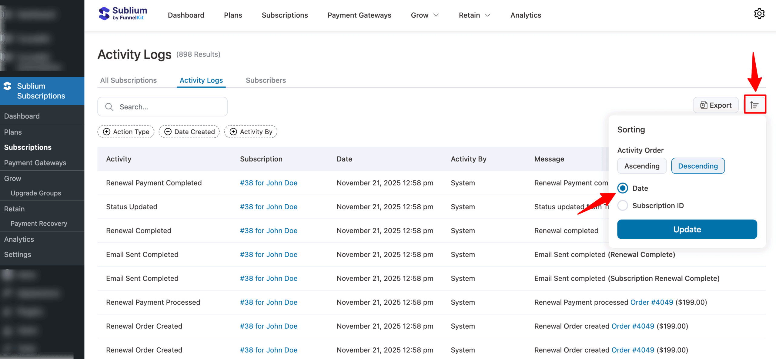 sort subscription activity log