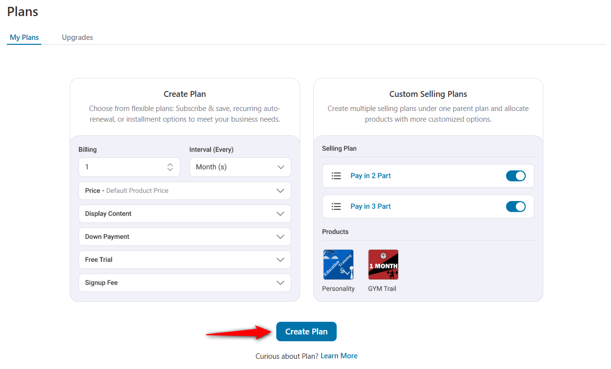 navigate to sublium > plans and click on the create plan button.