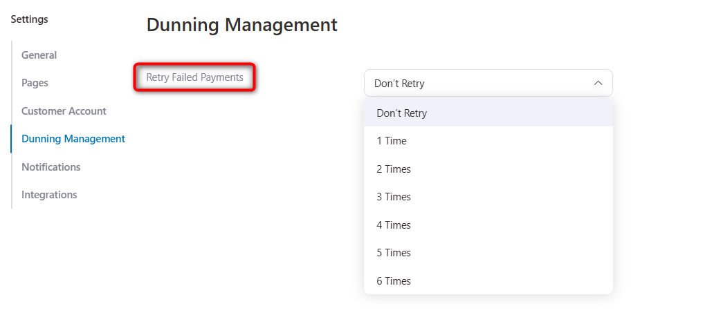 retry failed payments settings