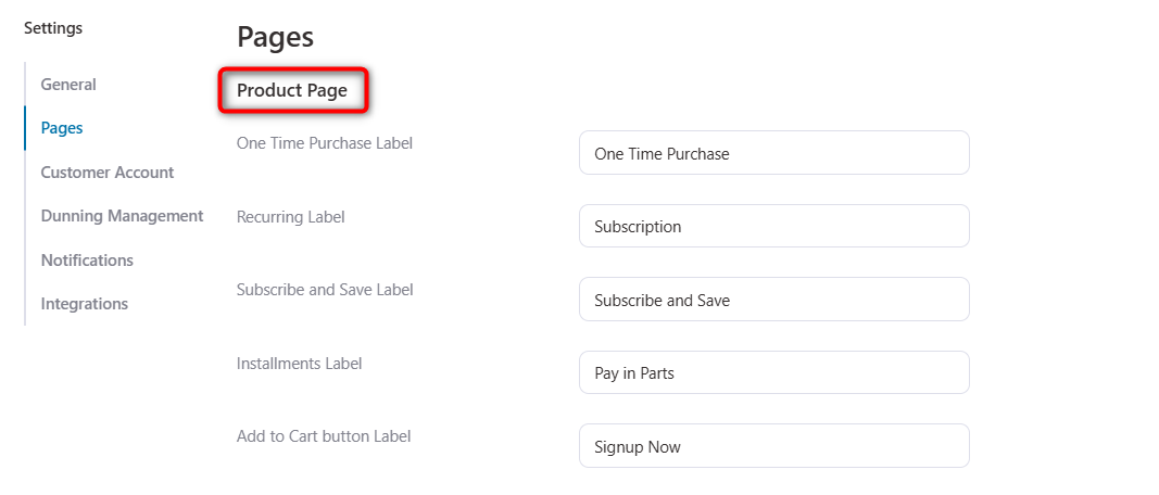 sublium pages settings - product page