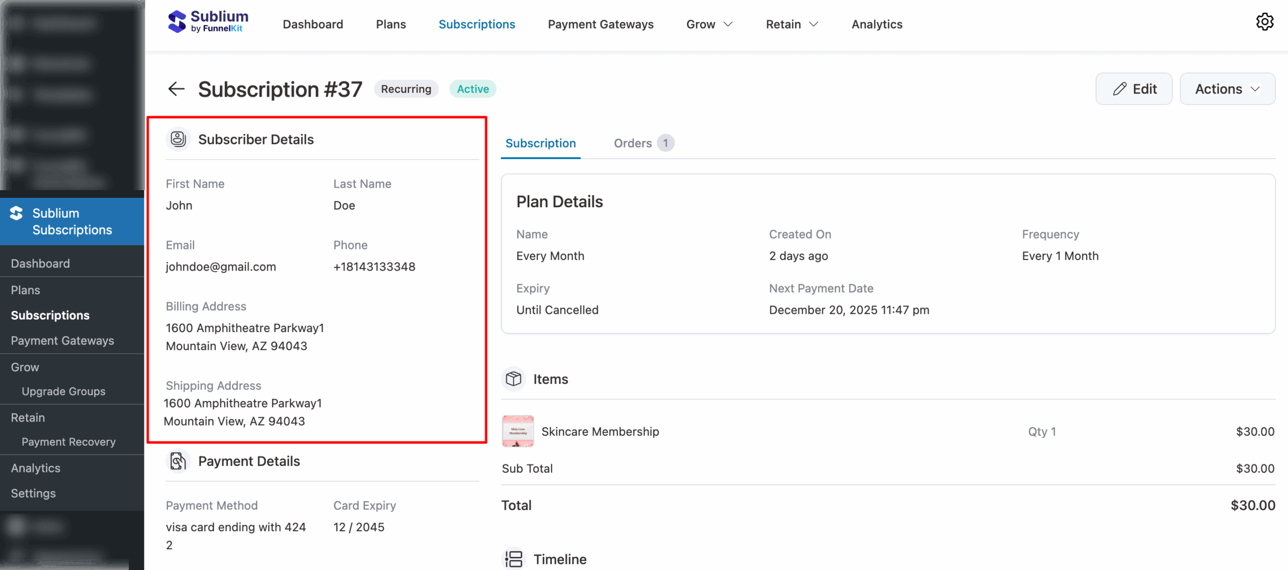 subscriber details with billing and shipping address