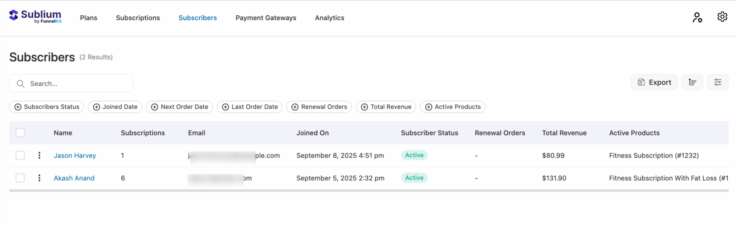 subscribers screen in sublium