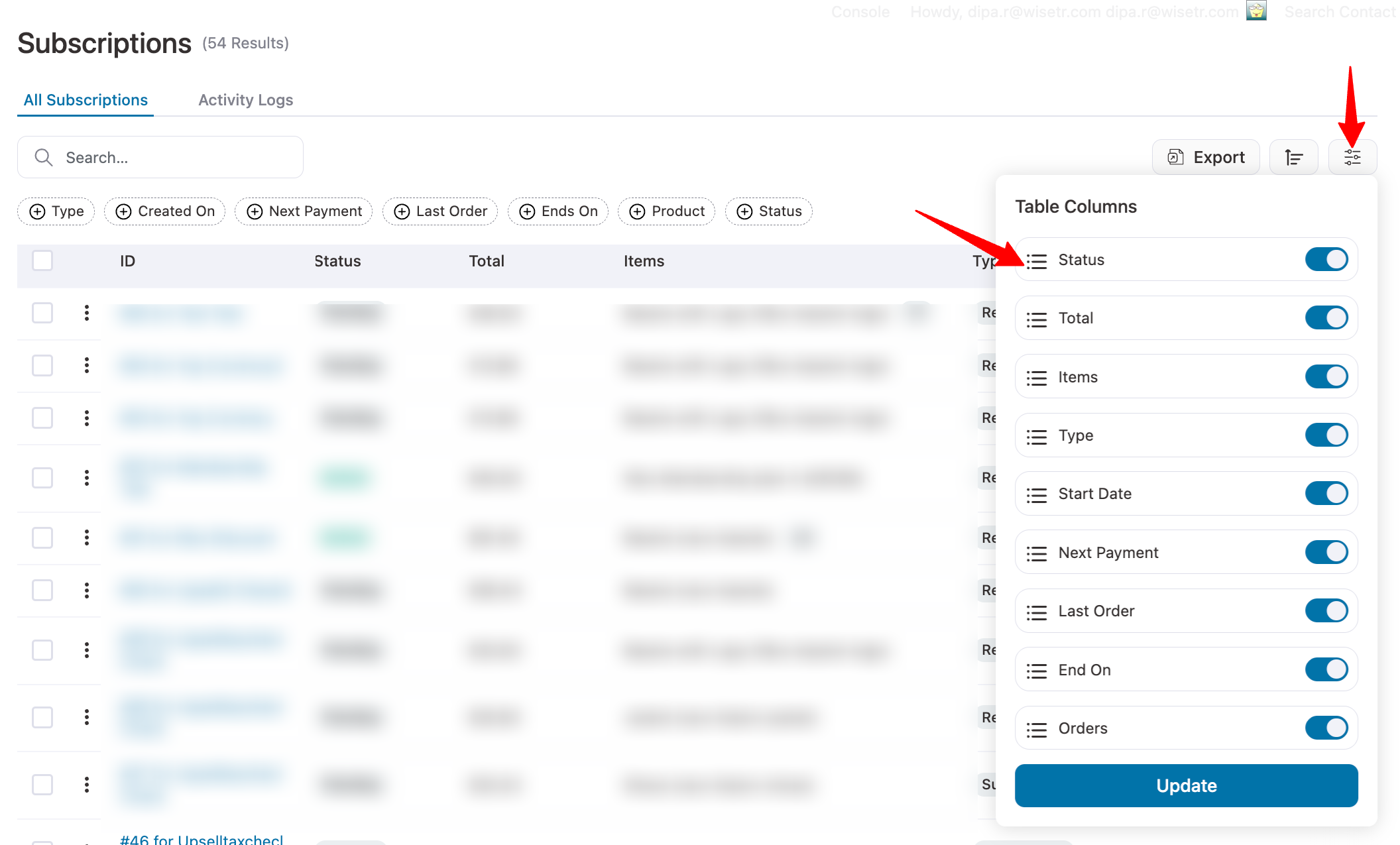 table columns subscriptions visibility