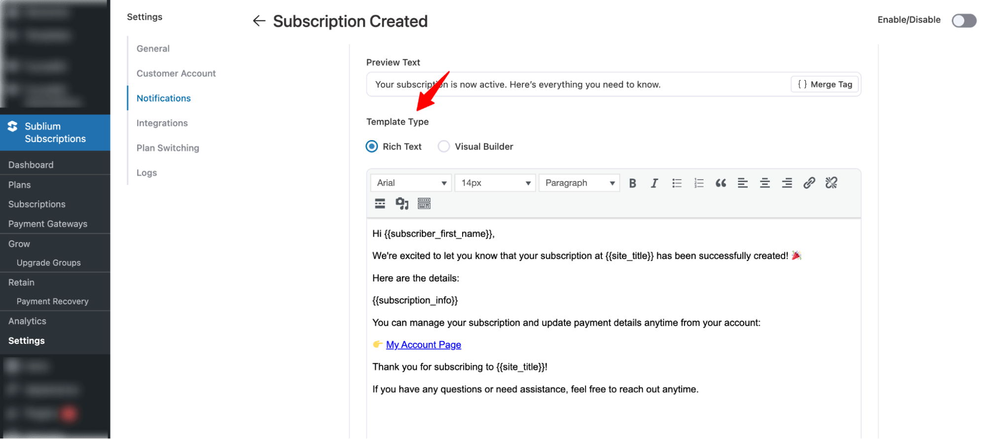 template type for email customization