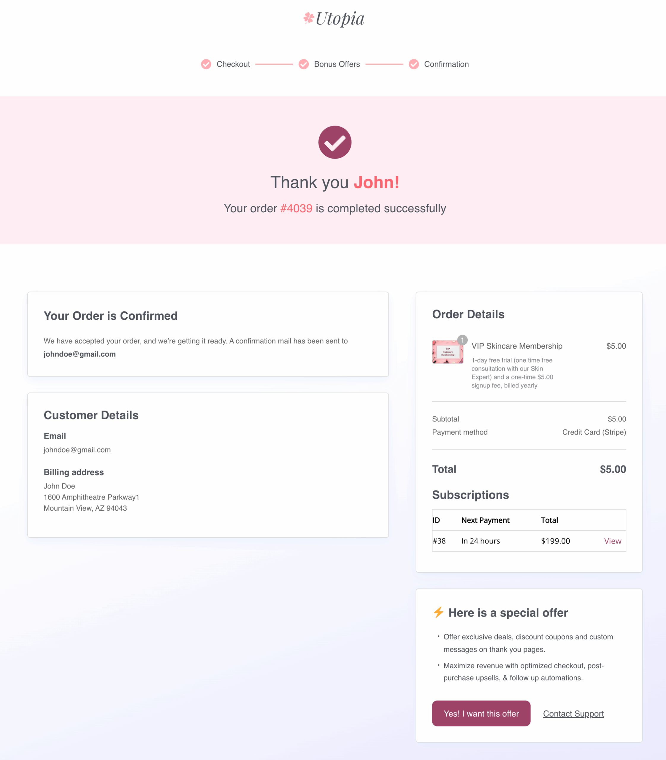 thank you page for recurring billing