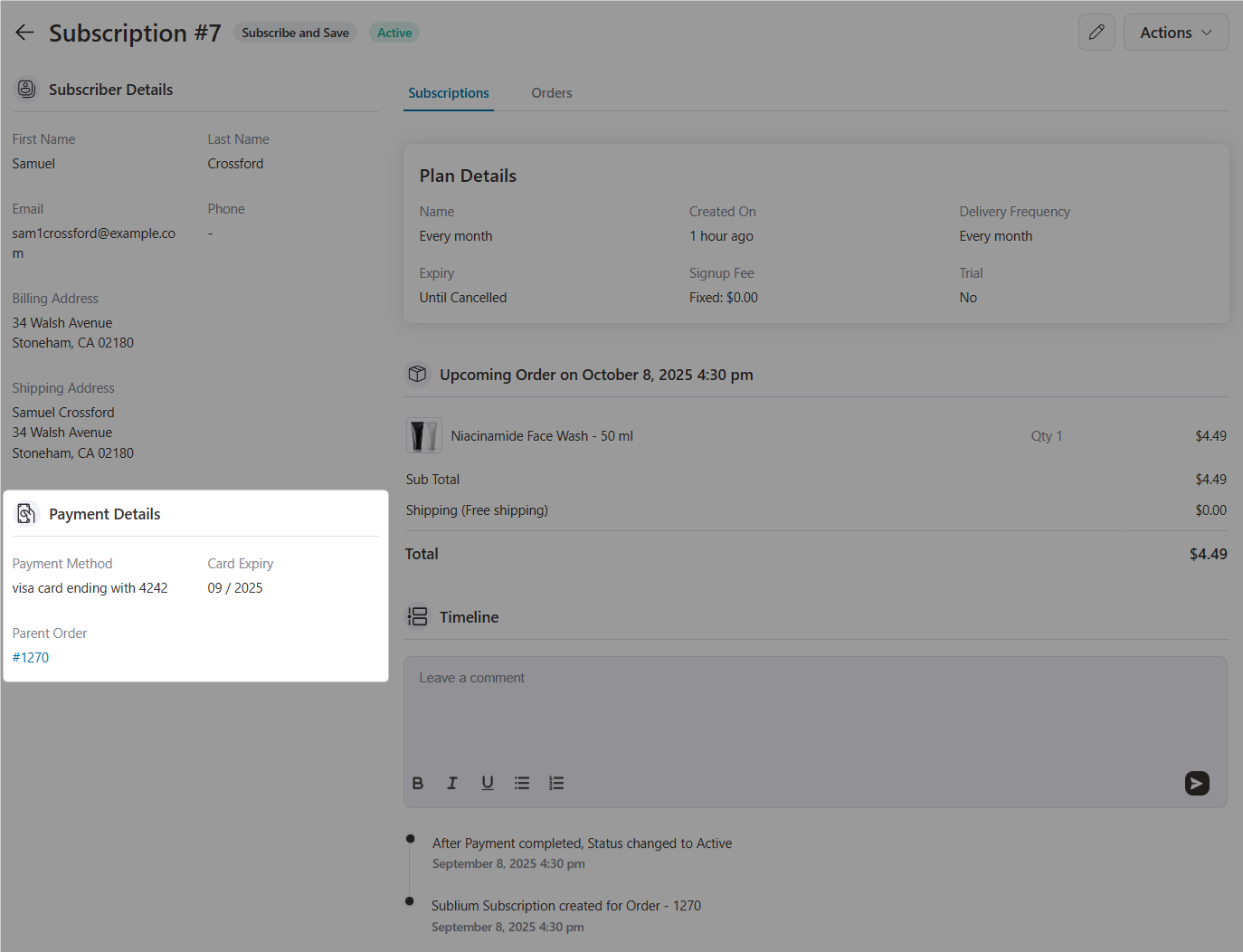 payment details inside sublium woocommerce subscription profile