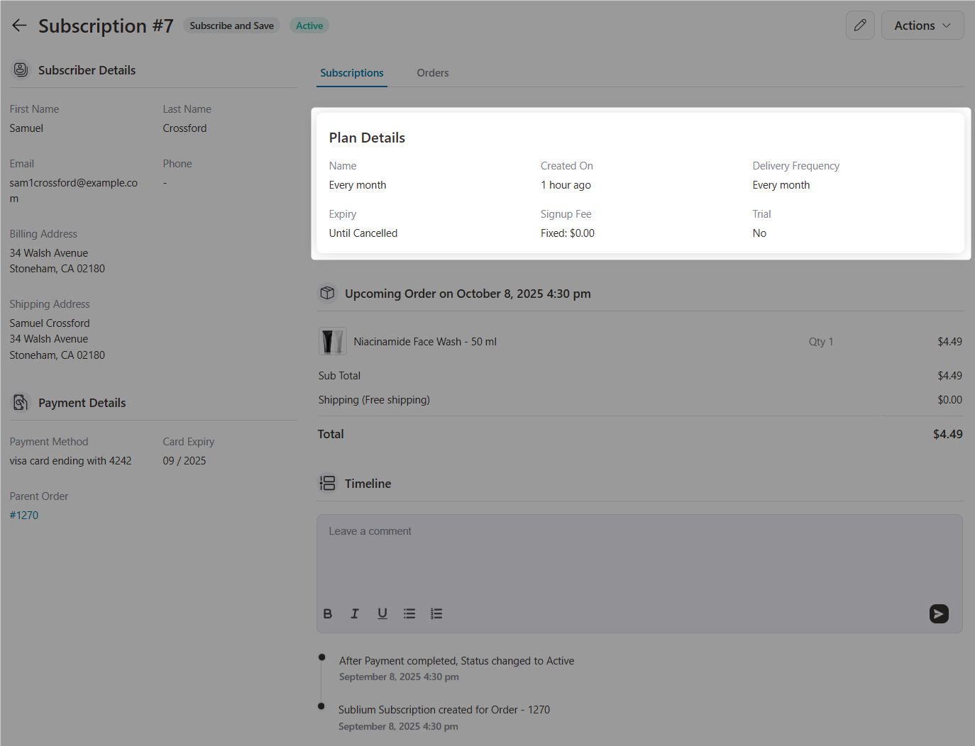 plan details inside sublium woocommerce subscription profile